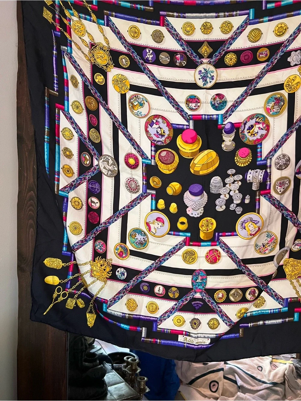 Hermes Black, White, Gold, Purple & Pink Silk Scarf